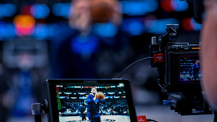 close up of a broadcast camera viewfinder at a NBA game
