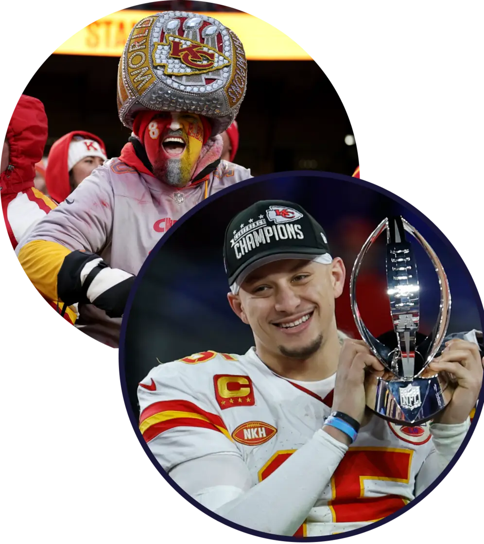 Graphic showing a Chiefs fan and Patrick Mahomes holding a trophy