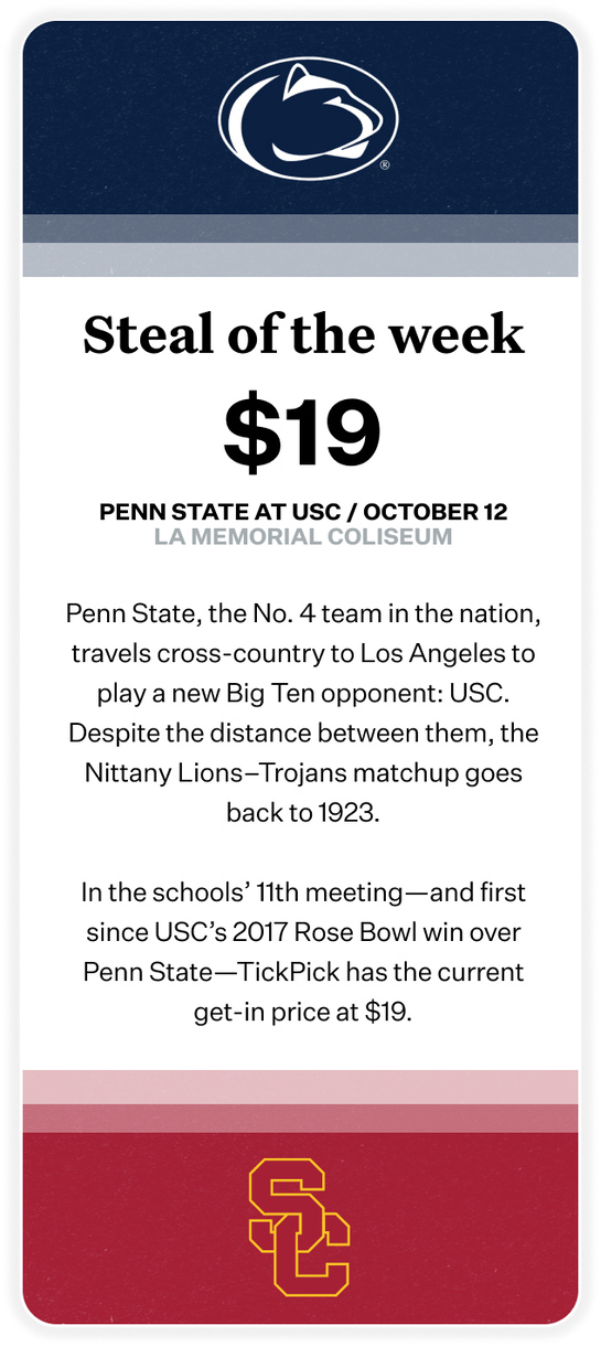 TickPick Steal of the week. Penn State vs USC