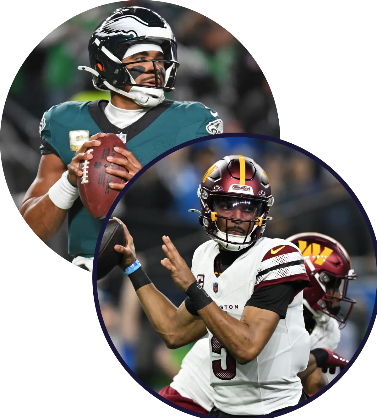 Graphic showing Eagles QB Jalen Hurts and Commanders QB Jayden Daniels