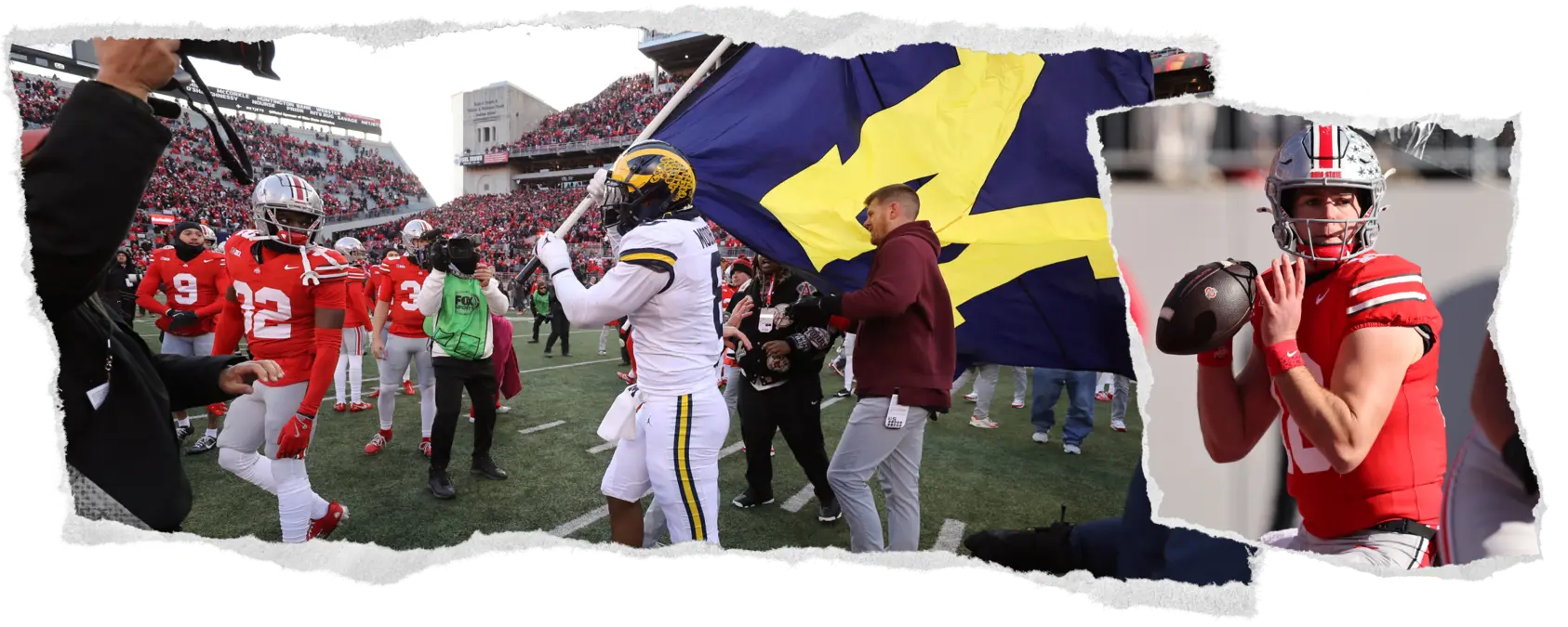 Graphic showing Michigan Players trying to plant flag after Ohio State game and QB Will Howard