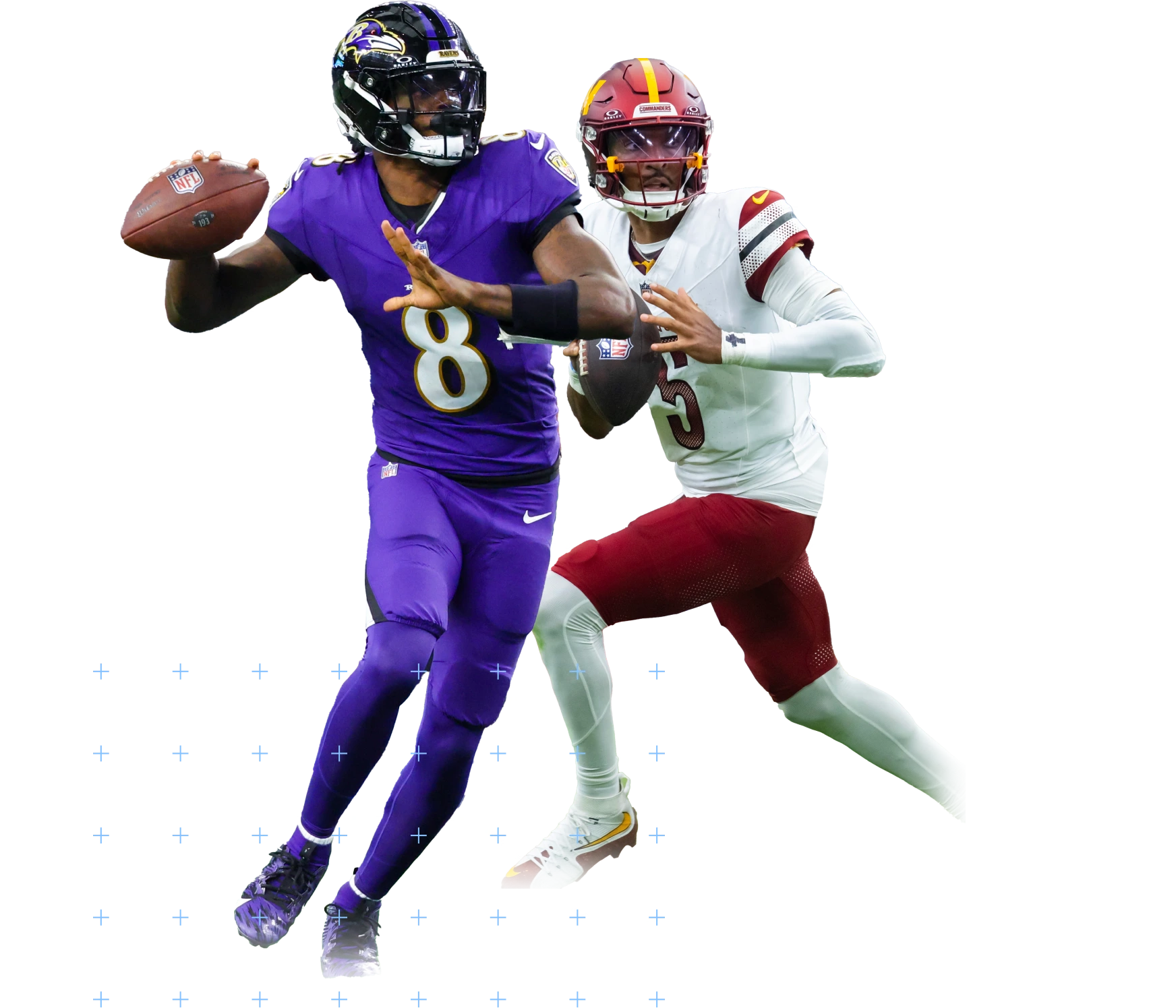 Graphic featuring both Lamar Jackson and Jayden Daniels throwing the football