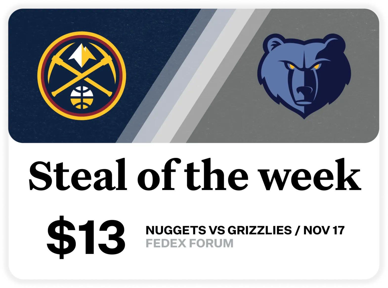 Graphic showing the Steal of The week Nuggets vs Grizzlies at $13