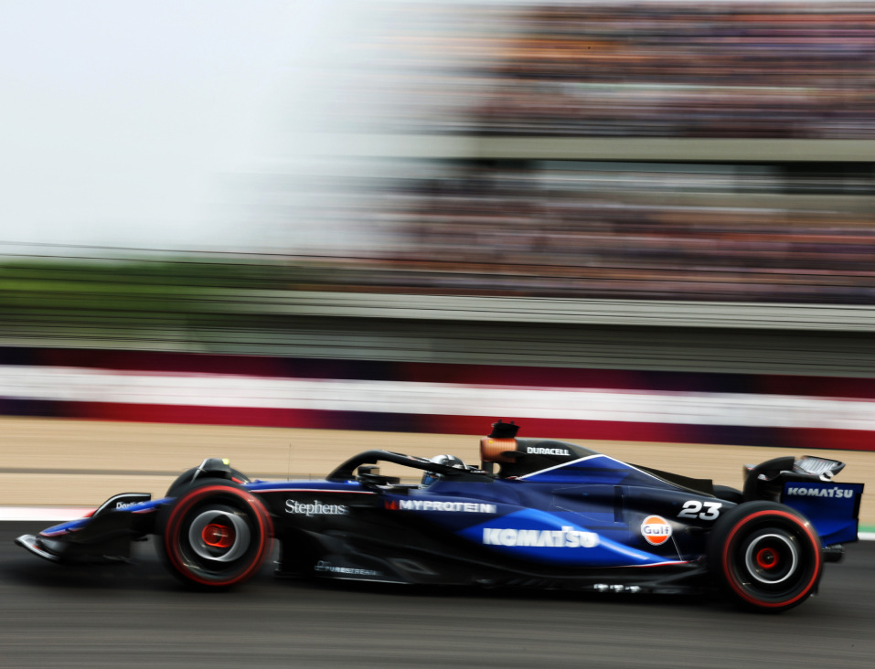 Side view of a Williams Racing Formula 1 car in motion on a racetrack. The car is speeding past, with a blurred background indicating its high speed. The vehicle features prominent logos from Duracell. The number 23 is visible on the car, and the design showcases the sleek and aerodynamic structure of the racing vehicle.