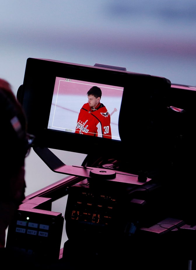 Closeup of a broadcast camera viewfinder at a NHL game