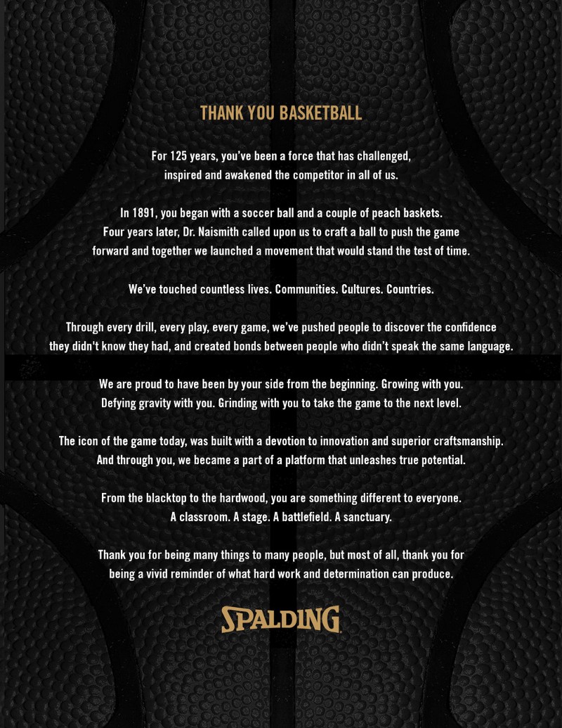 Spalding hopes to build emotion for their campaign with their open letter to the game of basketball. Image via Spalding