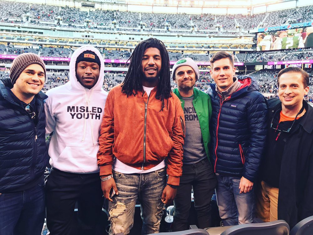 VaynerSports with clients Alvin Kamara and Jalen Reeves-Maybin (from left to right: AJ, Kamara, Reeves-Maybin, Gary, McLaughlin, Williams) Image via McLaughlin