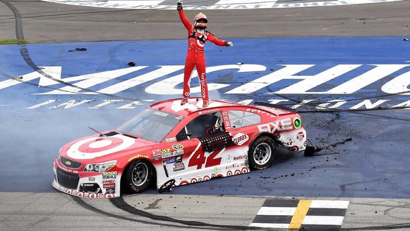 Chip Ganassi Racing driver Kyle Larson celebrates his first career Monster Energy NASCAR Cup Series victory. Photo from Autoweek.