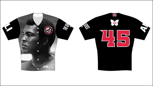 The jerseys that the Louisville Bats will wear to honor Muhammad Ali. Photo via milb.com