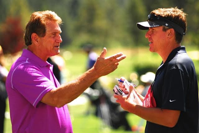 Cam Inman, right, interviews Joe Theisman, left, at the American Century Championships Celebrity Golf Tournament in South Lake Tahoe, NV. Photo via Jeff Bayer Photography.