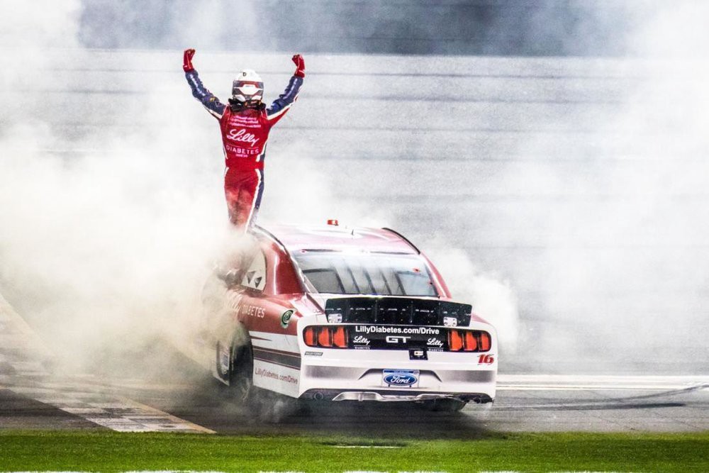 Ryan Reed, driver of the No. 16 Lilly Diabetes Ford, celebrates after winning the NASCAR XFINITY Series Powershares QQQ 300 at Daytona International Speedway. Reed, who races with diabetes, captured his second Daytona victory on February 25, 2017. Photo via upi.com