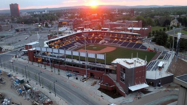 Although the exterior is work nearly complete, construction remains inside. Image via Hartford Yard Goats.