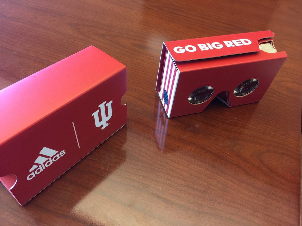 Indiana University and adidas provided these cardboard VR headsets to 2,000 students during their game against Northwestern. Image courtesy of Jeremy Gray, Indiana University Athletics.