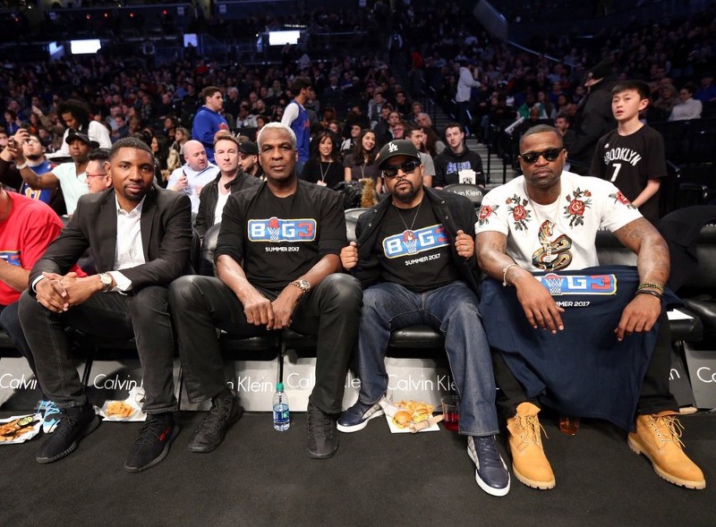 Sporting BIG3 shirts, Charles Oakley and Ice Cube can be seen here at a recent Nets game. Image via @theBig3