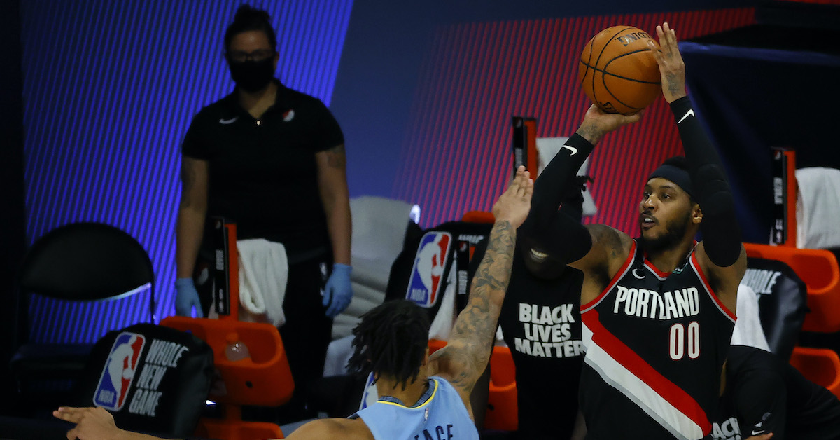 Carmelo Anthony shoots a three-pointer.