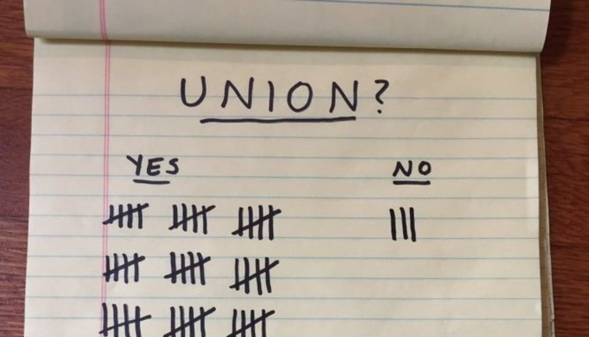a union vote on a note book page with more tallies under the word "yes" than the word "no."