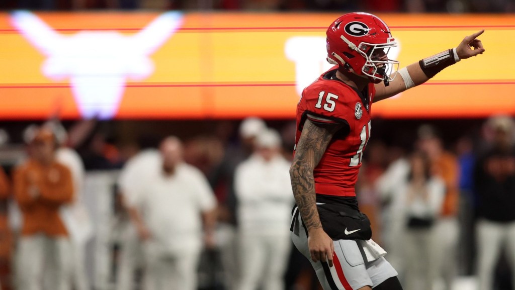 Dec 7, 2024; Atlanta, GA, USA; Georgia Bulldogs quarterback Carson Beck (15) reacts during the second half in the 2024 SEC Championship game at Mercedes-Benz Stadium