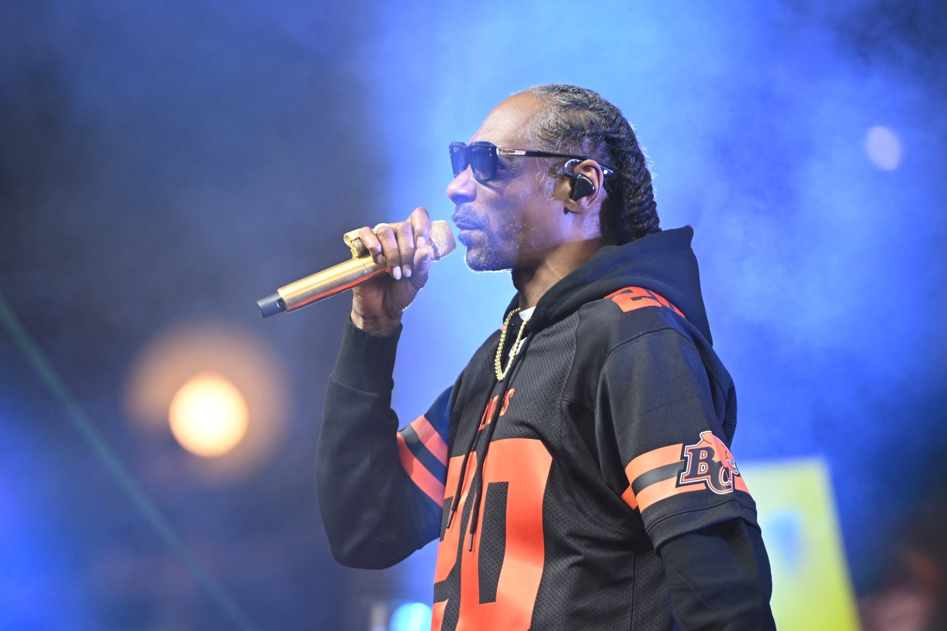 Jun 7, 2025; Vancouver, British Columbia, Canada; Snoop Dogg performs prior to the start of the game between Edmonton Elks and BC Lions at BC Place Stadium.