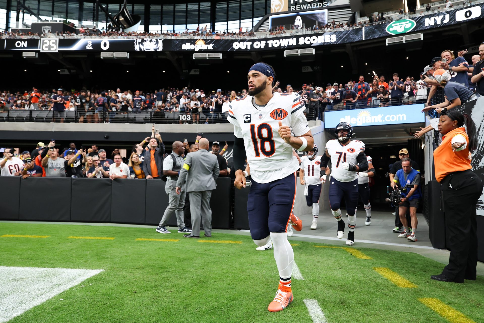 Sep 28, 2025; Paradise, Nevada, USA; Chicago Bears quarterback Caleb Williams (18) enters the field prior to the game against the Las Vegas Raiders at Allegiant Stadium.