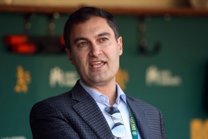 Oakland A's president Dave Kaval speaking to media members.