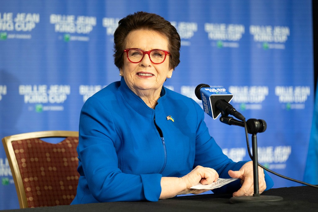 Billie Jean King fields questions at a press conference.