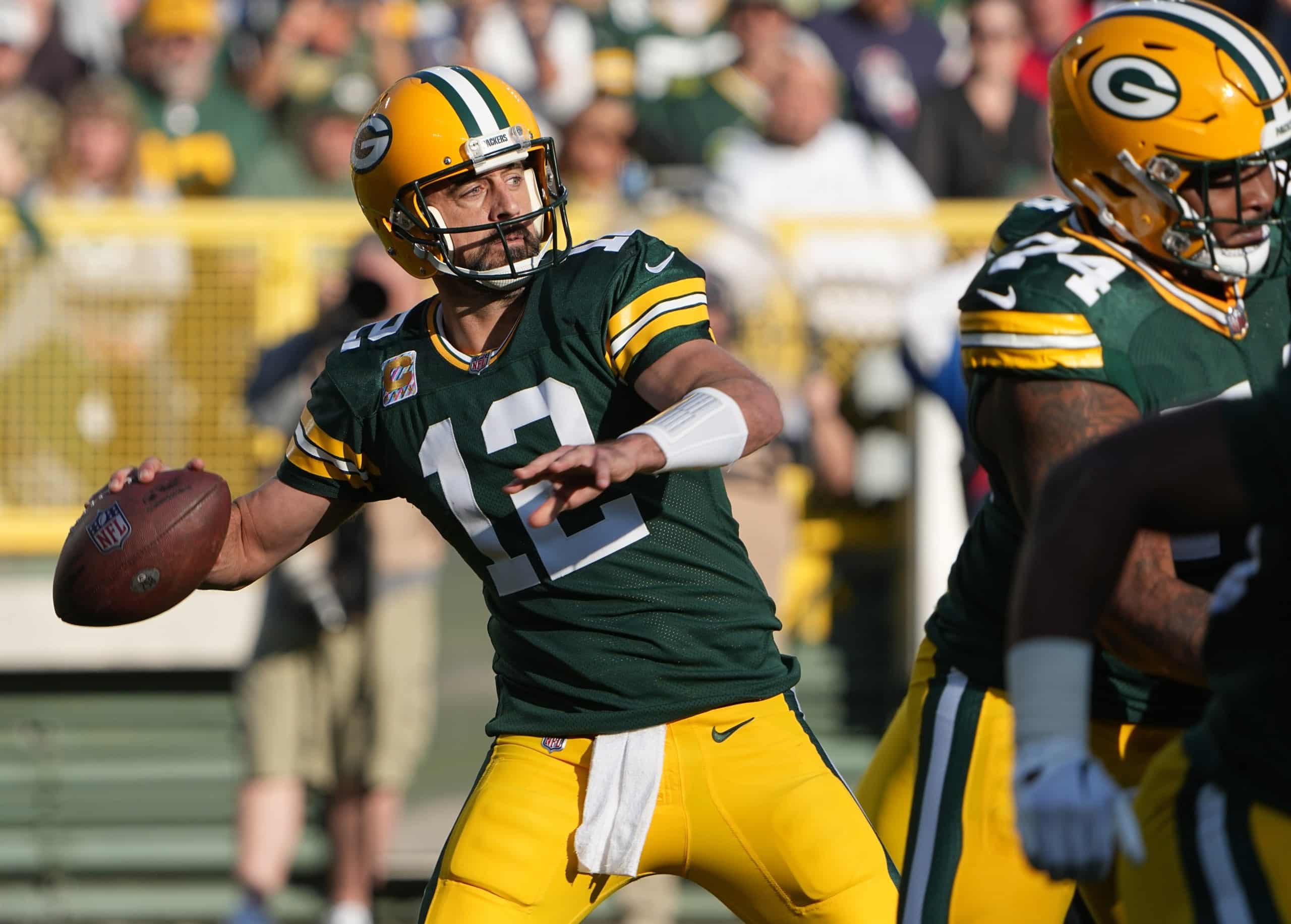Green Bay Packers quarterback Aaron Rodgers (12) throws an incomplete pass during the second quarter of their game Sunday, October 2, 2022 at Lambeau Field in Green Bay, Wis. The Green Bay Packers beat the New England Patriots 27-24 in overtime.