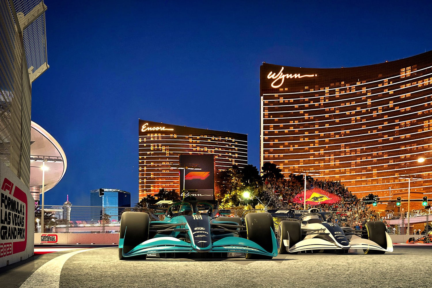 Formula 1 cars race in front of Wynn Hotel in Las Vegas
