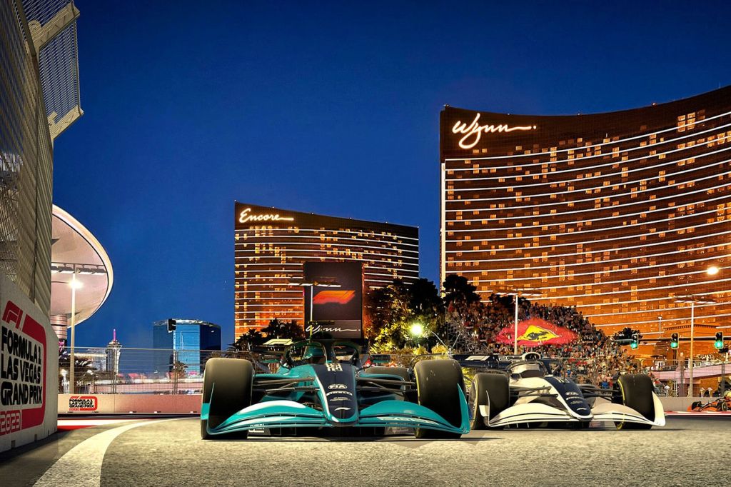 Formula 1 cars race in front of Wynn Hotel in Las Vegas