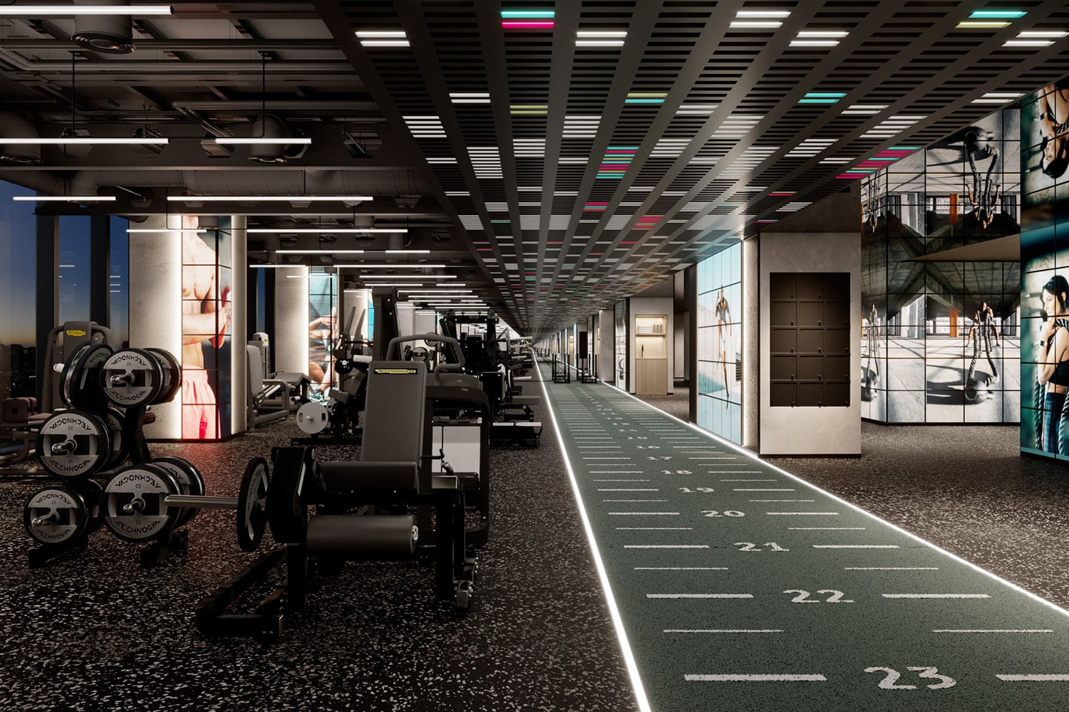 Turf strip and lifting machines inside of luxury hotel gym