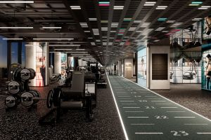 Turf strip and lifting machines inside of luxury hotel gym