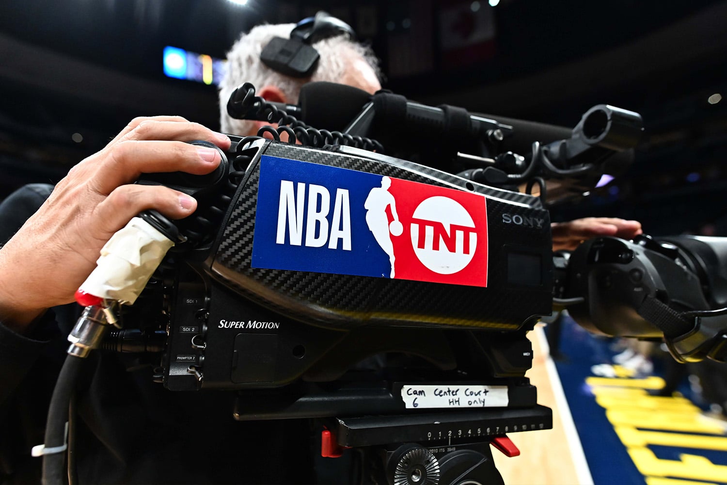 An NBA on TNT camera at a basketball game.