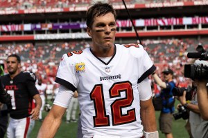 Tampa Bay Buccaneers quarterback Tom Brady exits field after game against the Atlanta Falcons