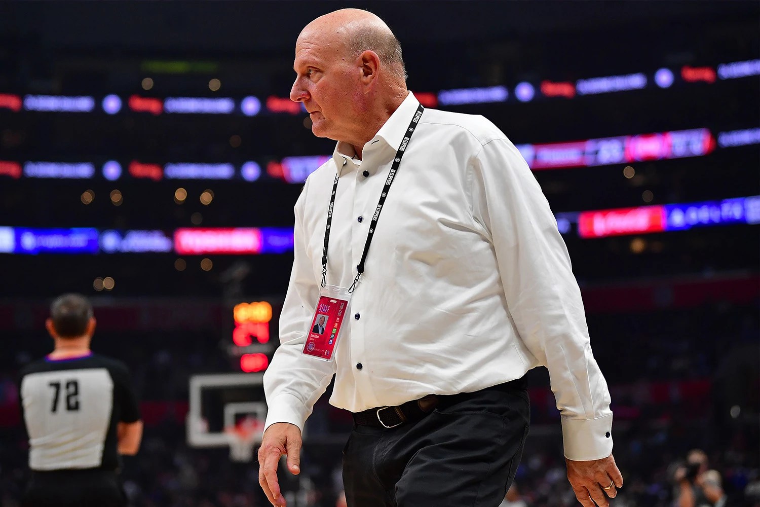Los Angeles Clippers owner Steve Balmer standing court side of NBA game