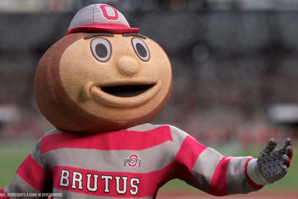 Ohio State mascot Brutus on sideline of college football game