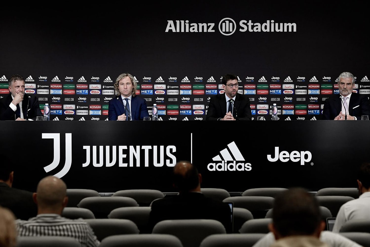 Juventus board members Andrea Agnelli, Pavel Nedved, Maurizio Arrivabene, and  Federico Cherubini speak to media