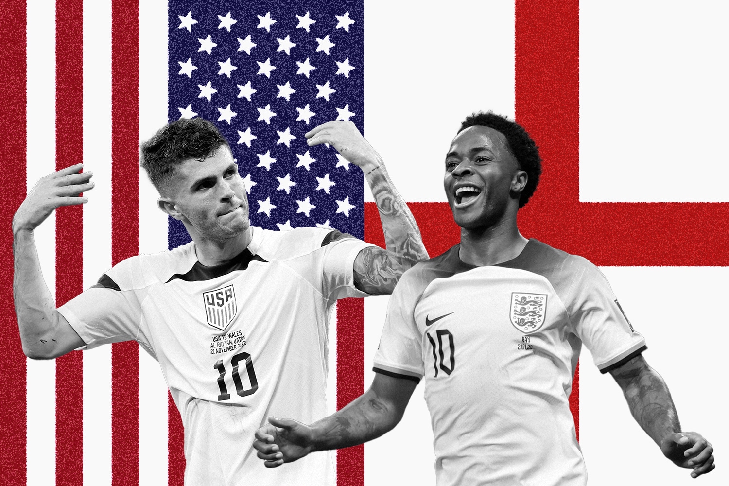 Christian Pulisic and Raheem Sterling standing in front of their nations' flags ahead of match-up between the United States and England in the World Cup