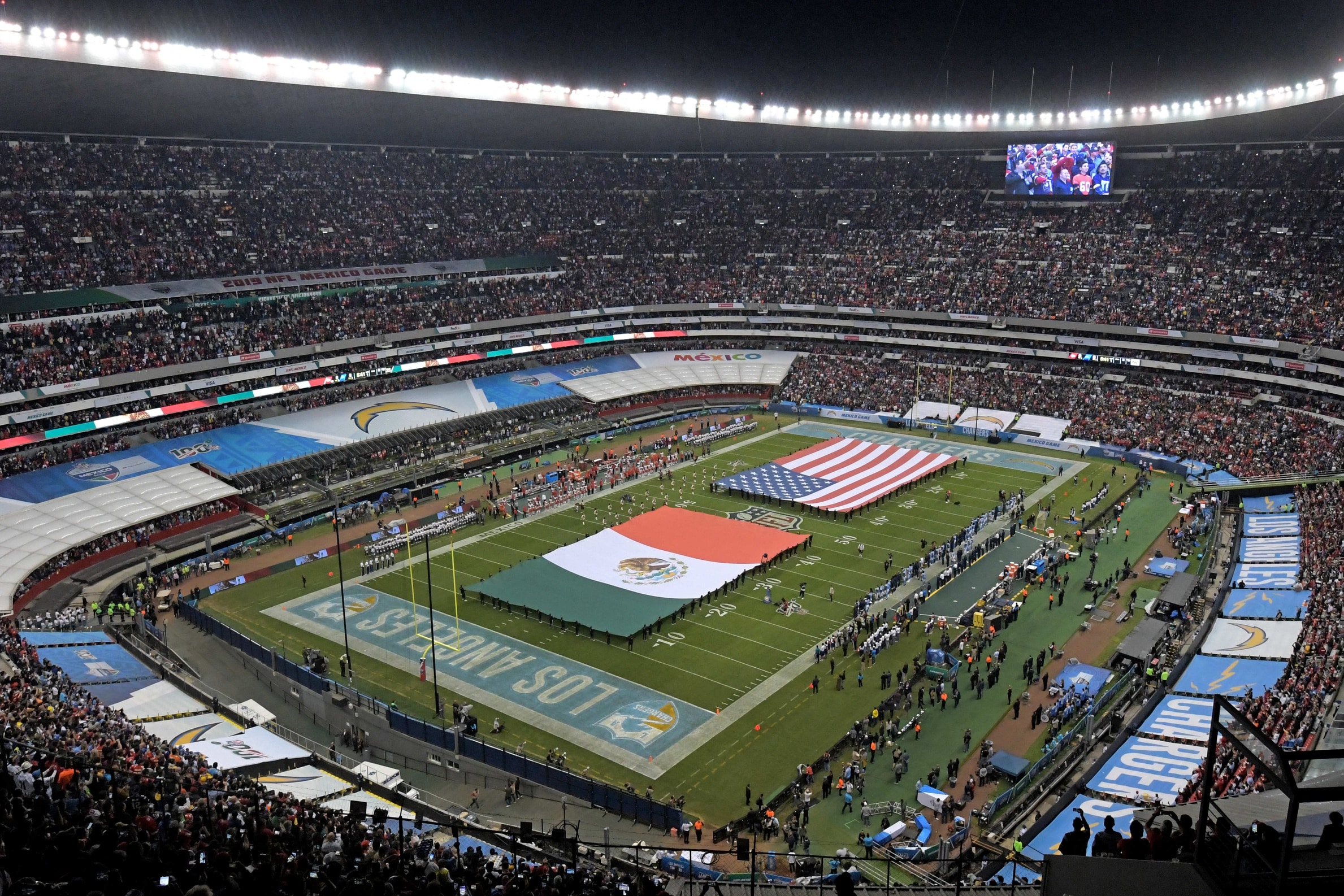 Mexican and American national flags on field ahead of NFL game in Mexico