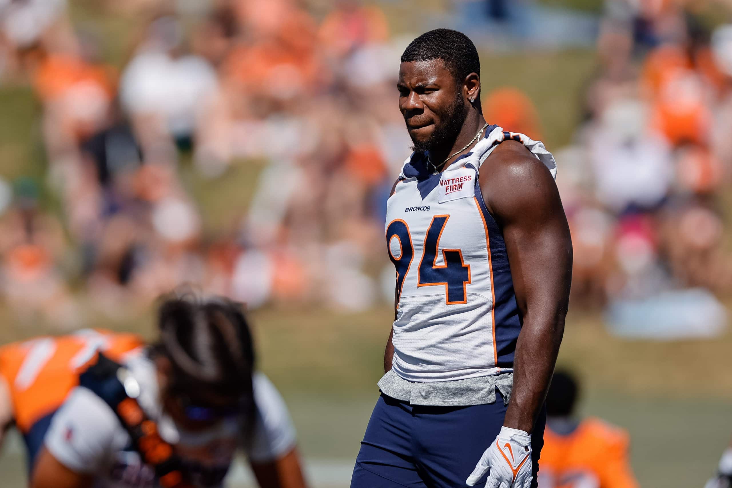 Denver Broncos linebacker Aaron Patrick looks into the distance during a NFL pre season practice