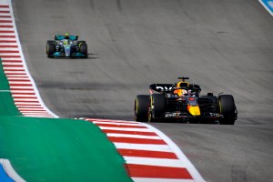 Red Bull Racing driver separates from Aston Martin competitor during Formula 1 race