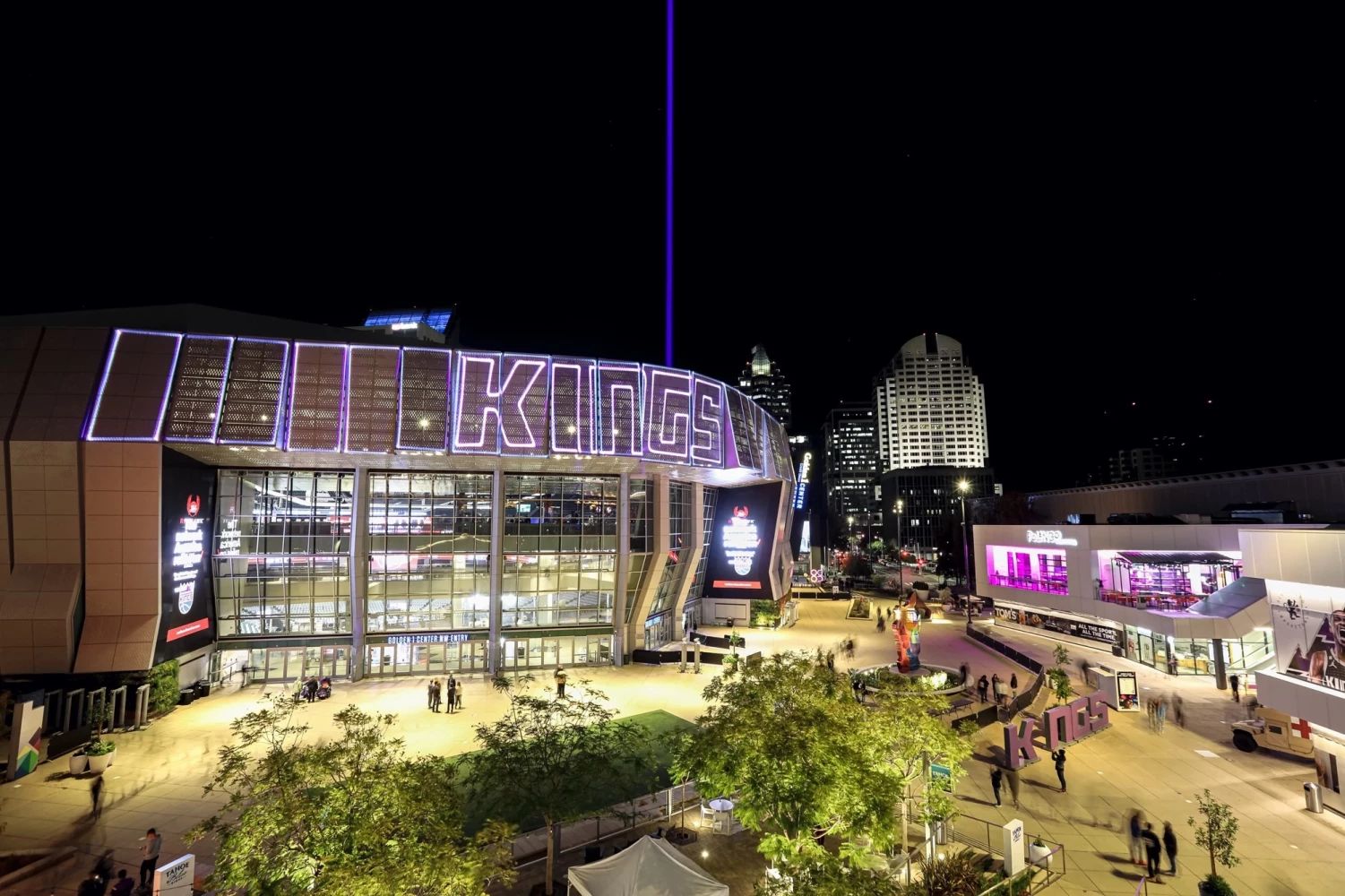 Victory beam outside Golden 1 Center following a Sacramento Kings win