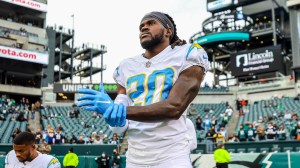 Los Angeles Chargers player Tevaughn Campbell warms up before Eagles match-up