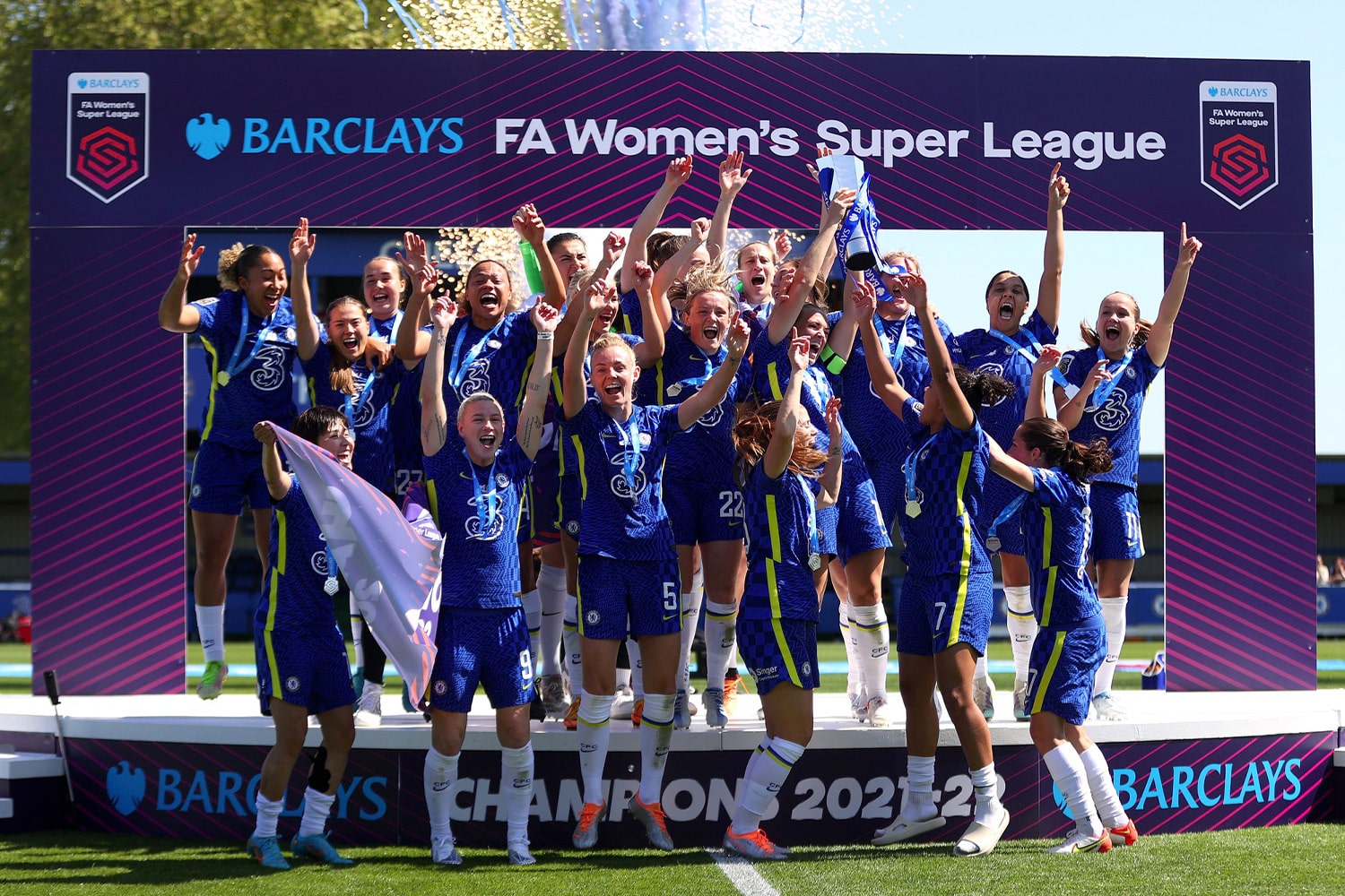 Chelsea team celebrates after winning FA's Women's Super League