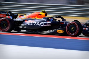 Red Bull F1 car with Oracle branding races around track