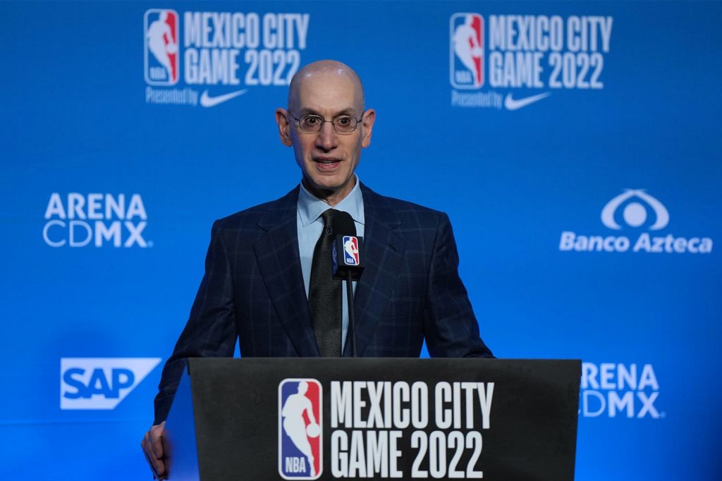 NBA Commissioner Adam Silver speaking at podium ahead of NBA game in Mexico City