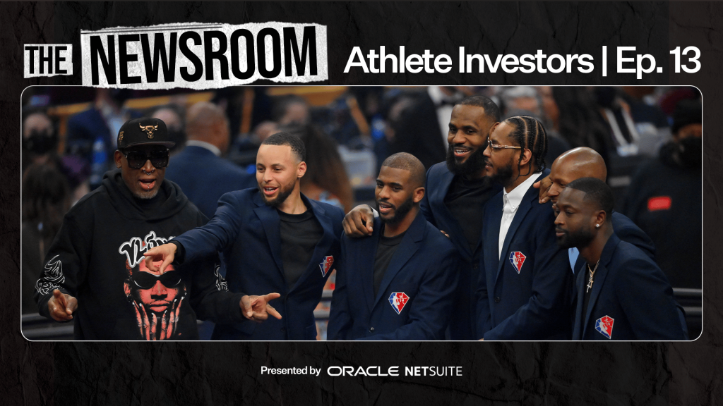 Advertisement for an episode of the Newsroom about athlete investors featuring image of players selected to the NBA 75 list