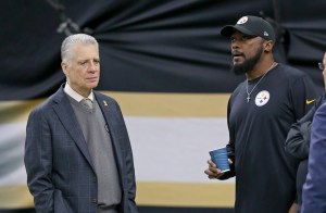 Pittsburgh Steelers President Art Rooney II and head coach Mike Tomlin talking on field