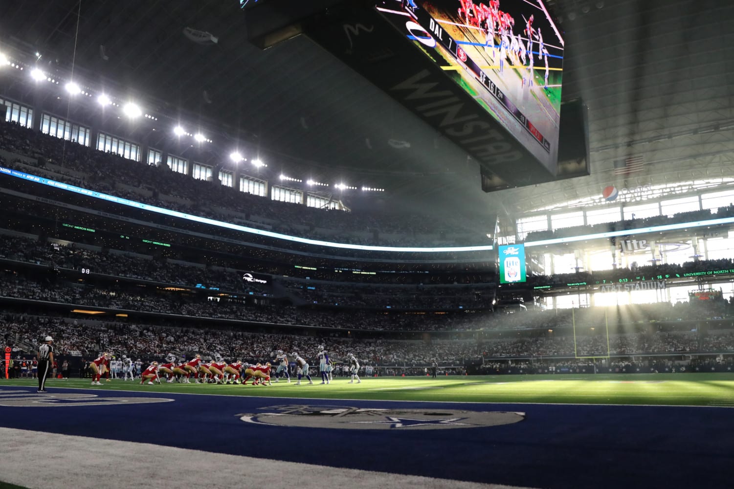 Field level view of Dallas Cowboys and San Francisco 49ers game at AT&T Stadium in Arlington