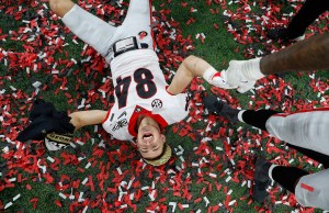 Georgia receiver Ladd McConkey celebrates in confetti after winning National Championship 