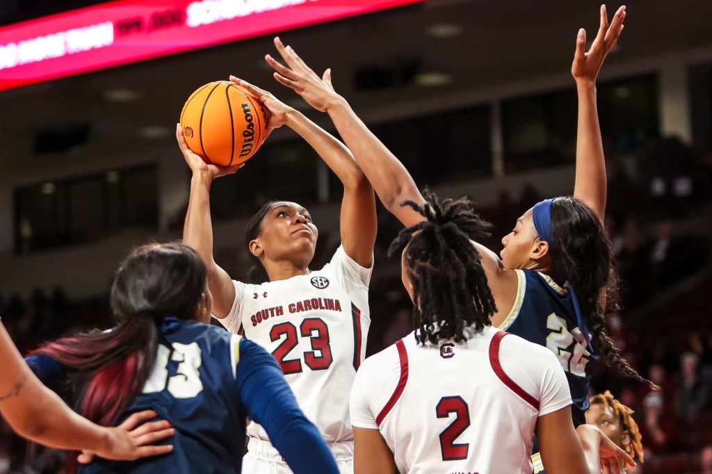 South Carolina women's basketball player puts up a contested shot