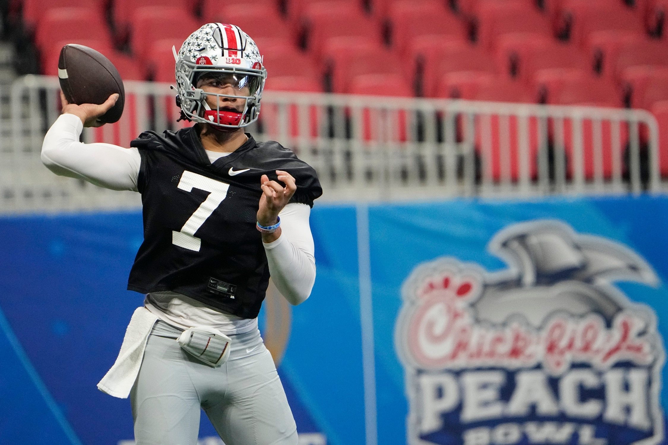Ohio State quarterback CJ Stroud warms up before game